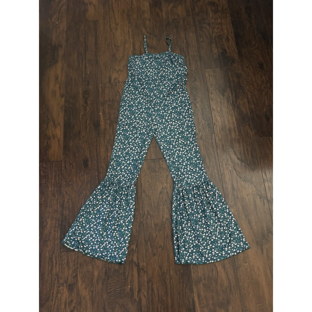 SHEIN Girls Floral Jumpsuit Bell‎ Bottom Teal Turquoise Pink Stretchy Teen 11-12